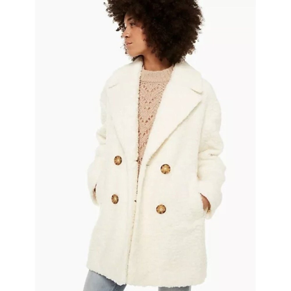 $498 Kate Spade Teddy Coat Double Breasted Size Medium Ivory Cream New!
